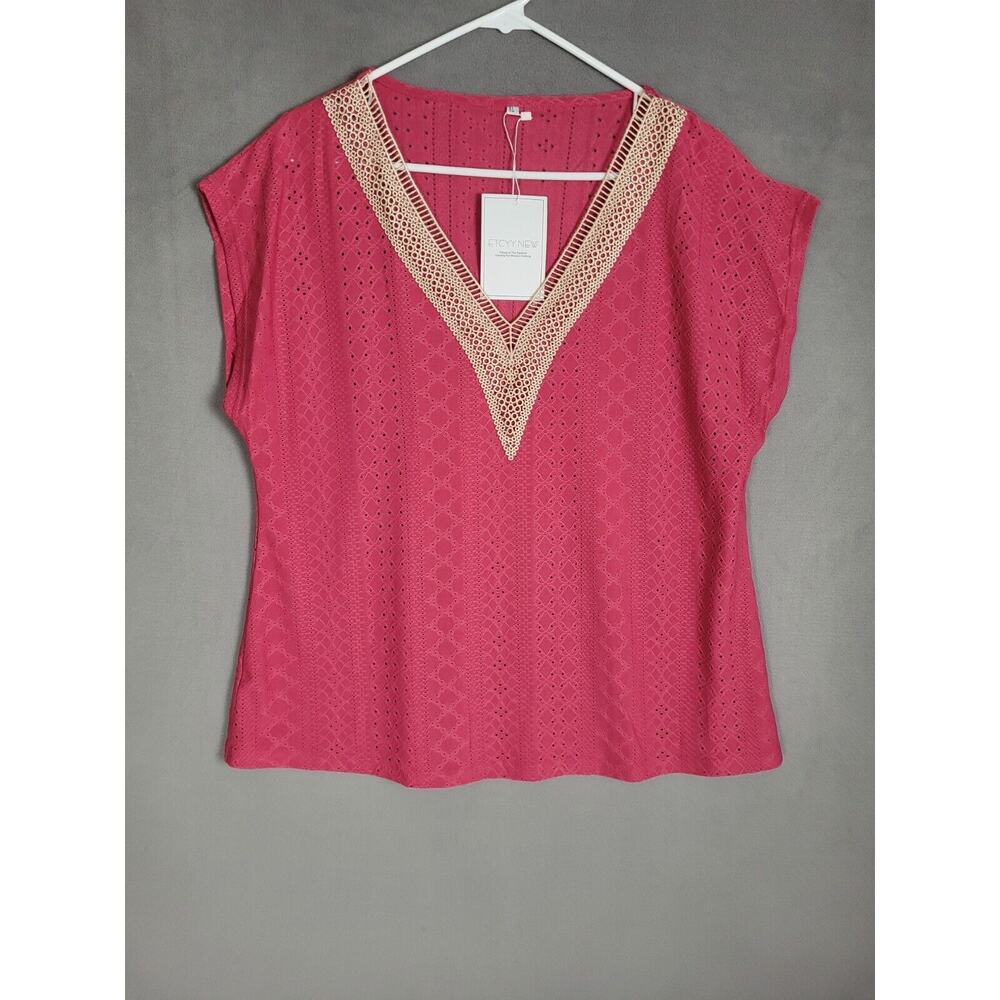 Etcyy New Womens Basic Top Trendy Eyelet Fabric Tank Top Lace V Neck XL